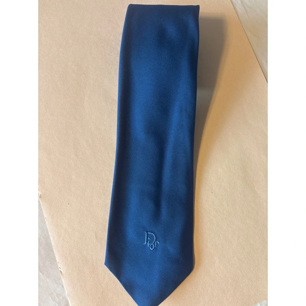 Christian Dior Necktie Mens One Size Blue Good Vintage CD Logo Ribbed Cravates